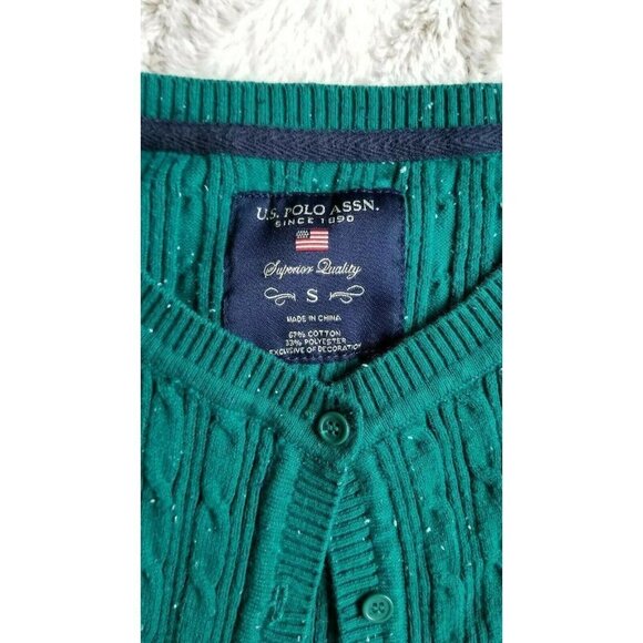US Polo Association Cotton Blend Forest Green White Speck Button Cardigan Knit S - Picture 5 of 8